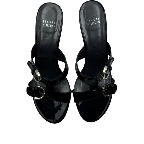 Stuart Weitzman Black Patent Leather Buckle Triangle Cutout Heels Women's SZ 8.5 - Picture 2 of 11